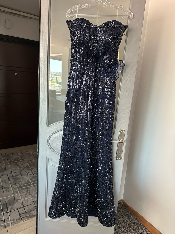 Lacivert abiye straplez elbise - Görsel 4