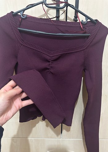 Bordo Uzun Kollu Fitilli Triko Kazak - Görsel 2