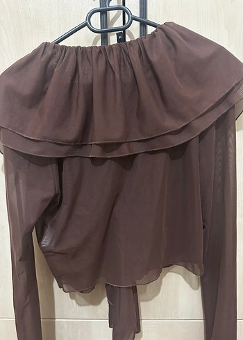 Kahverengi V Yaka Fırfırlı Uzun Kollu Bluz - Görsel 4