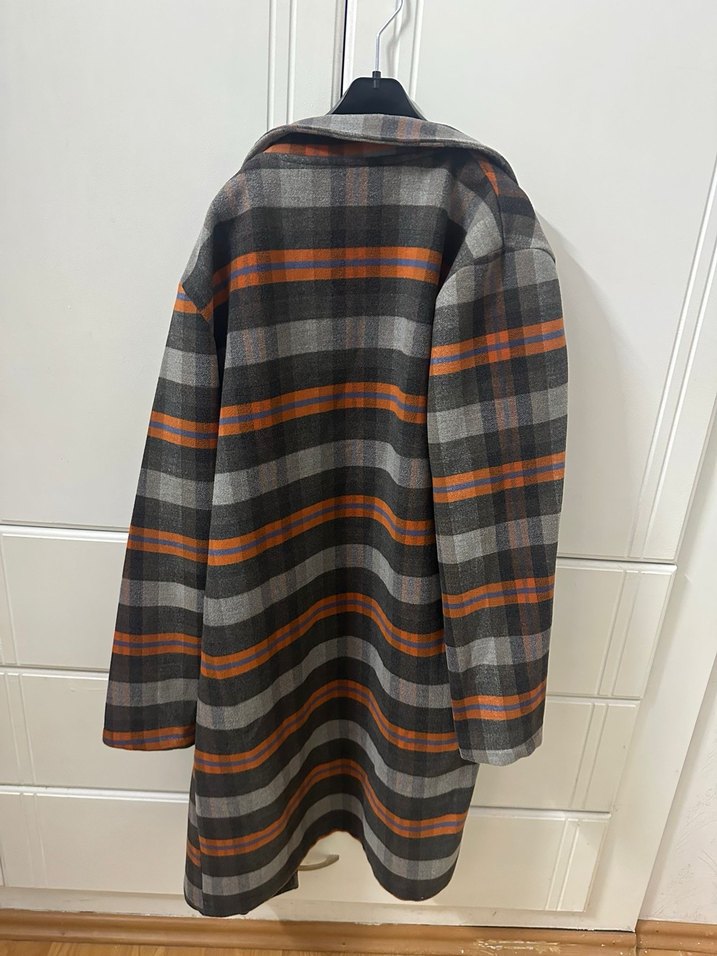 Gri Ekose Düğmeli Midi Kadın Kaban - Görsel 2