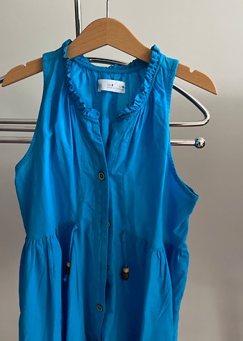 Mavi Kolsuz Midi Keten Elbise - Görsel 2