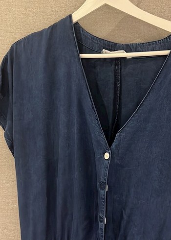 Düğmeli Lacivert Denim Kısa Tulum - Görsel 4