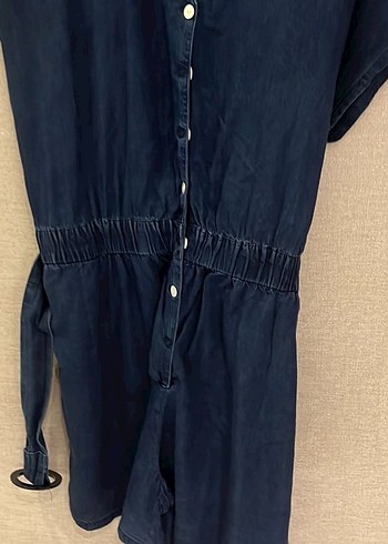 Düğmeli Lacivert Denim Kısa Tulum - Görsel 2