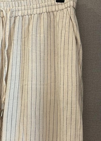 Bej Çizgili Keten Pilili Kadın Pantolon - Görsel 6