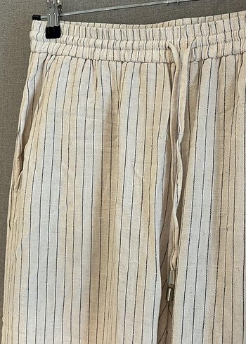 Bej Çizgili Keten Pilili Kadın Pantolon - Görsel 7