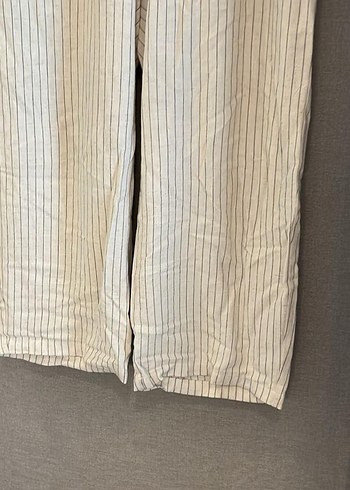 Bej Çizgili Keten Pilili Kadın Pantolon - Görsel 2