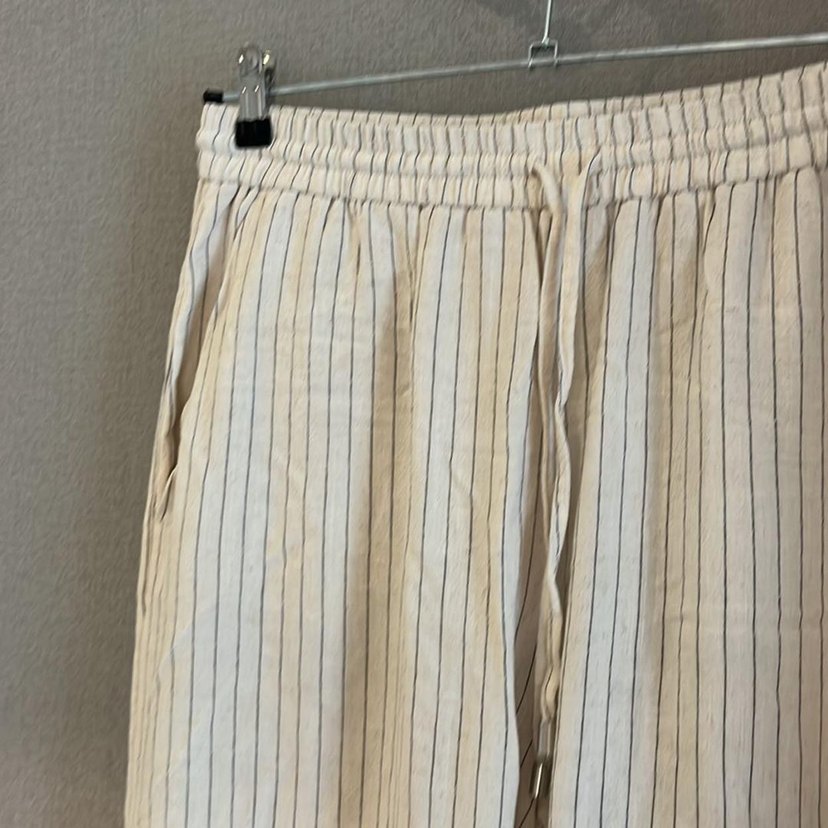 Bej Çizgili Keten Pilili Kadın Pantolon - Görsel 3