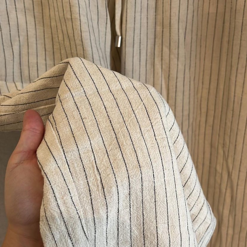 Bej Çizgili Keten Pilili Kadın Pantolon - Görsel 4