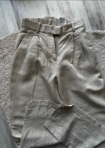 H&M Kadın Bej Keten Düz Kesim Pantolon - Görsel 4