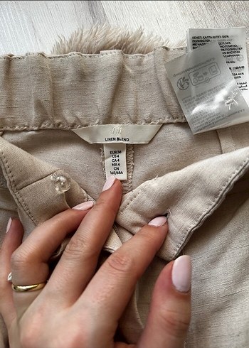 H&M Kadın Bej Keten Düz Kesim Pantolon - Görsel 3