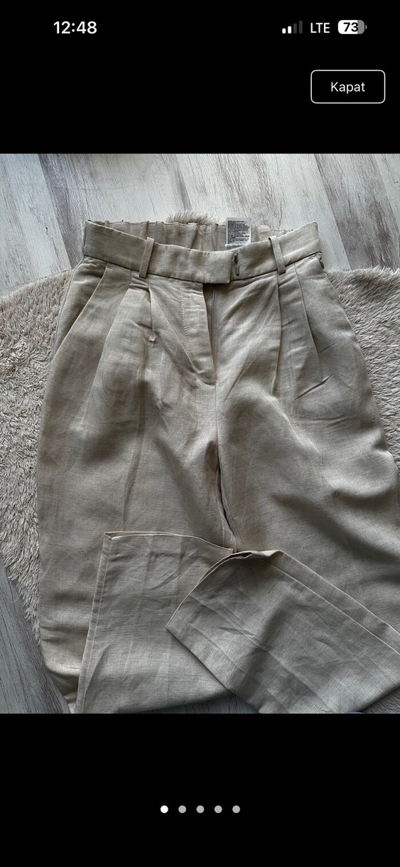 H&M Kadın Bej Keten Düz Kesim Pantolon - Görsel 4