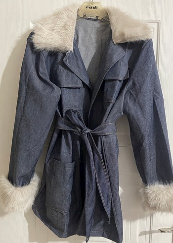 Kadın Gri Kürklü Denim Ceket - Görsel 3