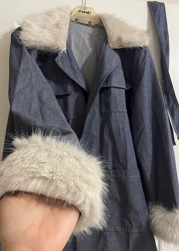 Kadın Gri Kürklü Denim Ceket - Görsel 5