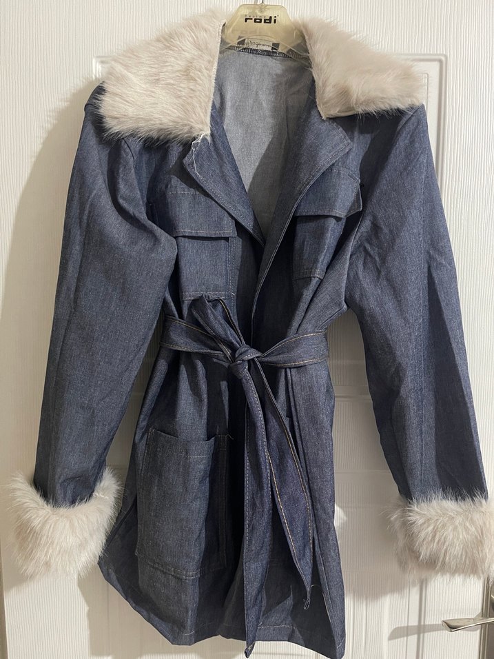 Kadın Gri Kürklü Denim Ceket - Görsel 3