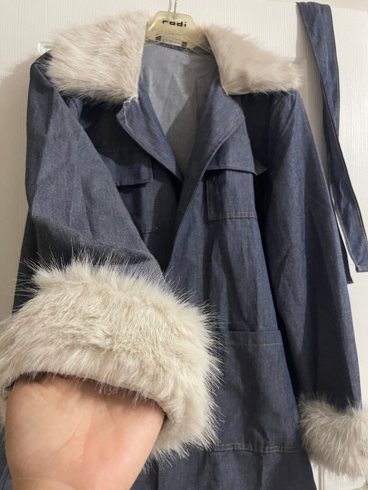 Kadın Gri Kürklü Denim Ceket - Görsel 5