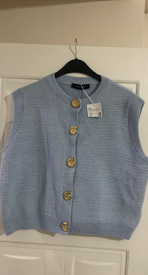 Düğmeli Mavi Boğazlı Kolsuz Midi Hırka - Görsel 3