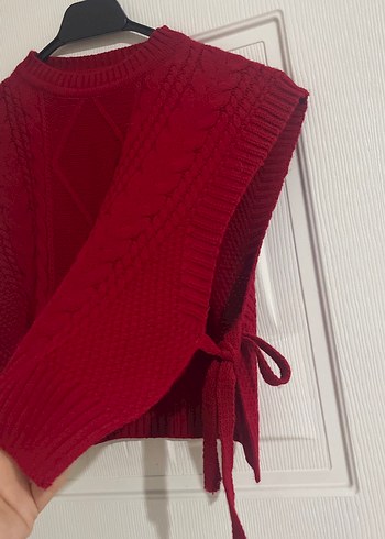 Kırmızı Örgü Bohem Kolsuz Kadın Süveter - Görsel 2