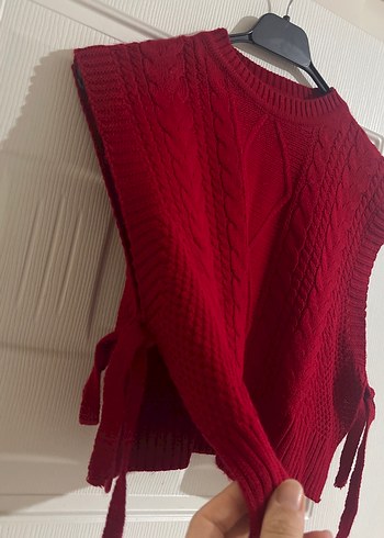 Kırmızı Örgü Bohem Kolsuz Kadın Süveter - Görsel 3