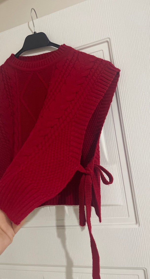 Kırmızı Örgü Bohem Kolsuz Kadın Süveter - Görsel 2