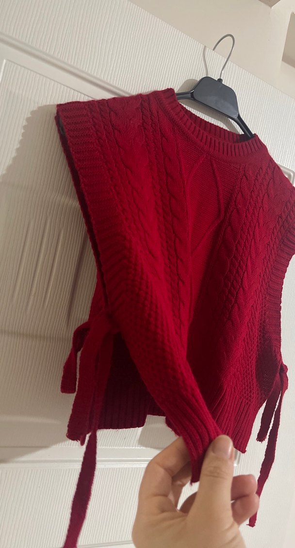 Kırmızı Örgü Bohem Kolsuz Kadın Süveter - Görsel 3