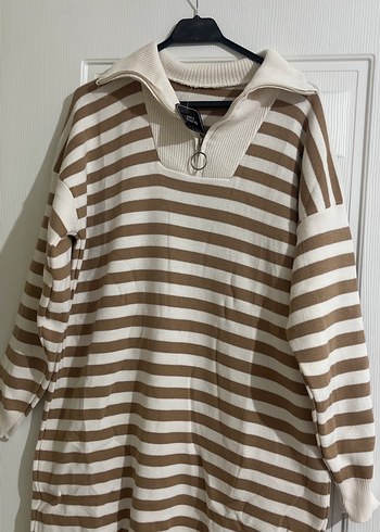 Bej Çizgili Uzun Triko Elbise - Görsel 2