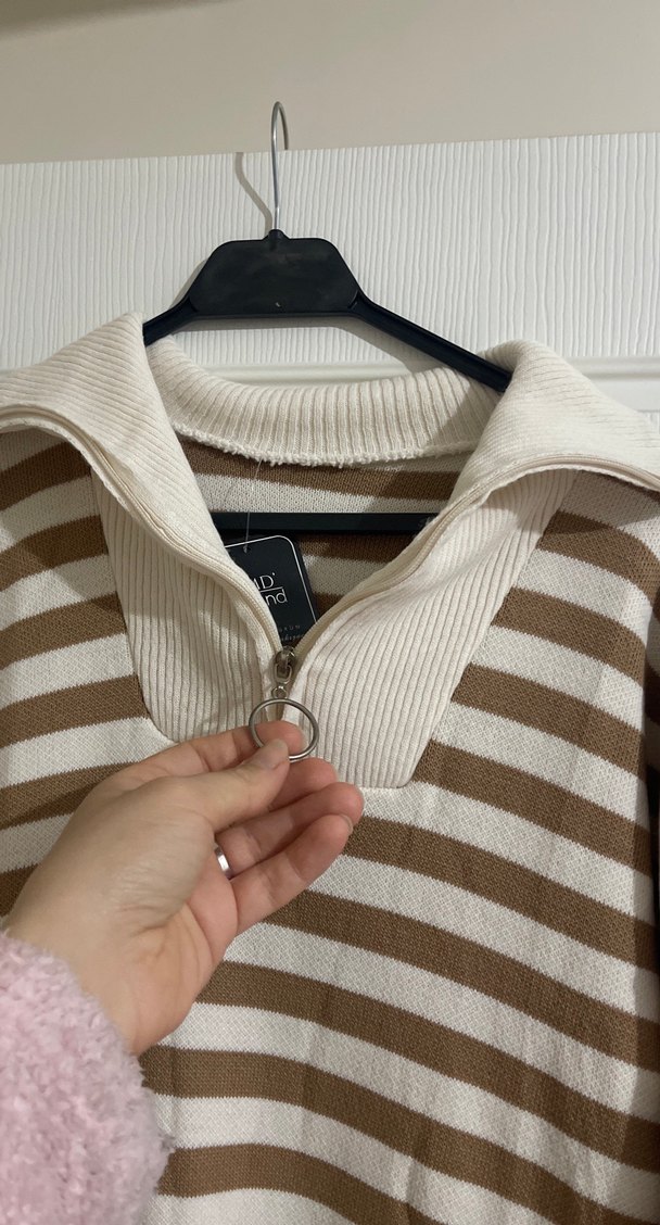 Bej Çizgili Uzun Triko Elbise - Görsel 3