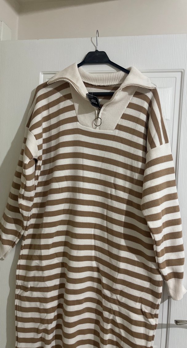 Bej Çizgili Uzun Triko Elbise - Görsel 2