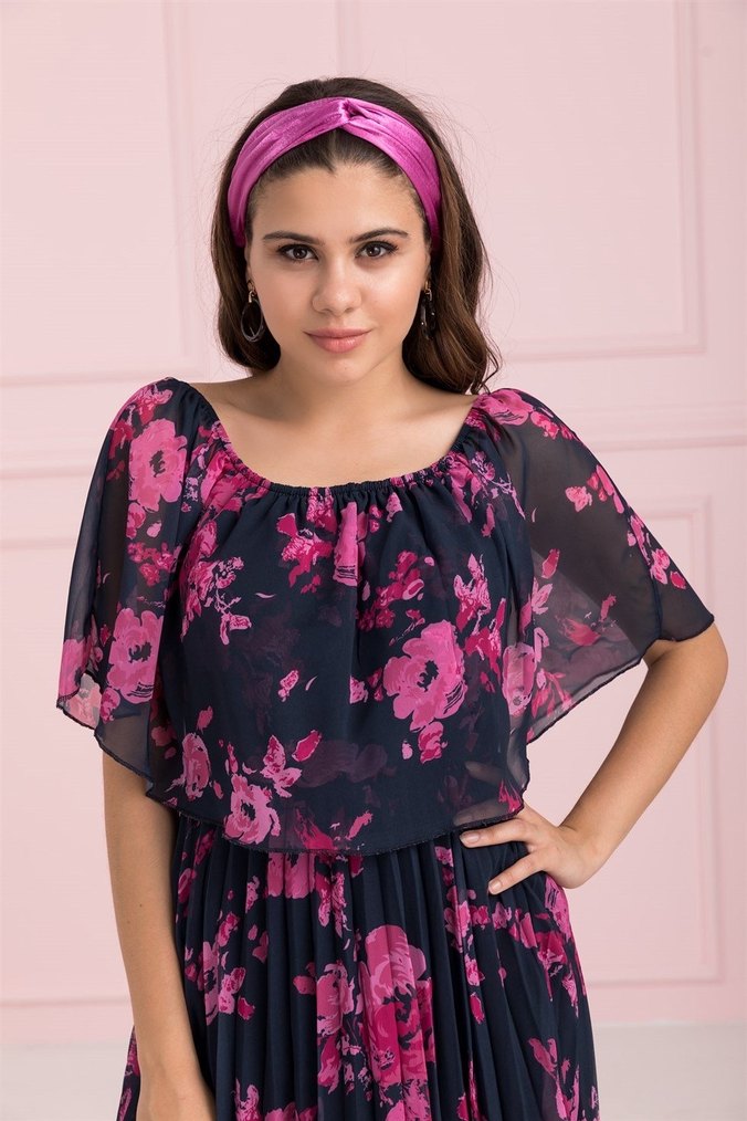 Pembe Piliseli çiçekli Elbise - Görsel 4