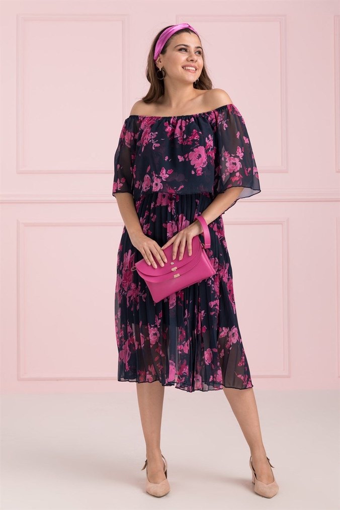 Pembe Piliseli çiçekli Elbise - Görsel 2