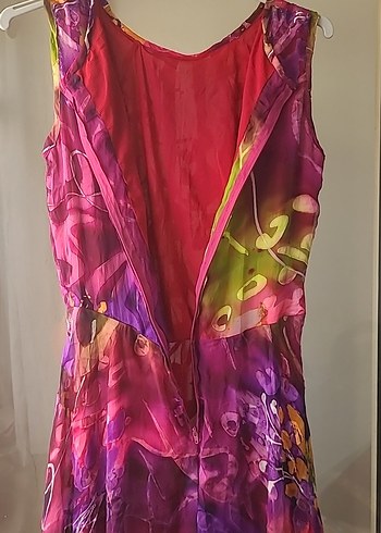 Renkli Bağlama Desenli İpek Elbise - Görsel 4