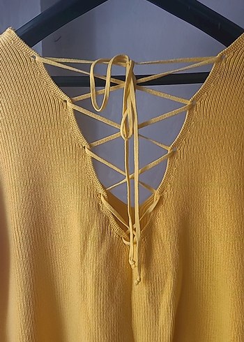 Sarı V Yaka Örgü Kadın Kazak - Görsel 3