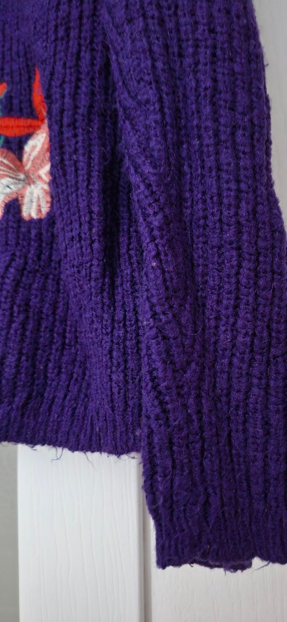 Mor Nakışlı Uzun Kollu Örgü Kadın Kazak - Görsel 3