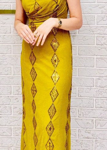 Sarı Nakışlı Bohem Uzun Kolsuz Elbise - Görsel 3