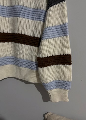 Bej Çizgili Örgü Kadın Kazak - Görsel 4