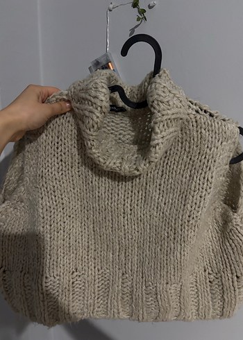 Kısa Kollu Boğazlı Bej Triko Süveter - Görsel 2