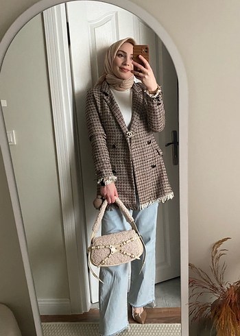 Bej Ekose Desenli Kadın Midi tüvit Blazer - Görsel 2