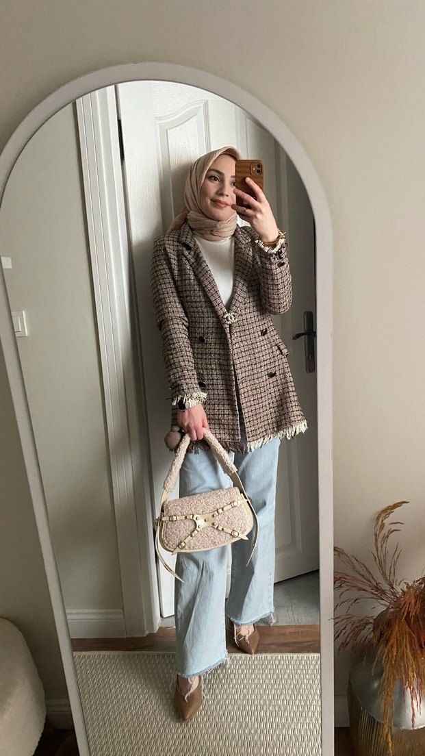 Bej Ekose Desenli Kadın Midi tüvit Blazer - Görsel 2