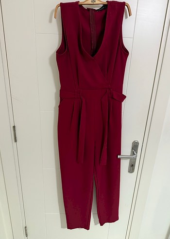 Bordo V Yakalı Kemerli Kadın Tulum - Görsel 2