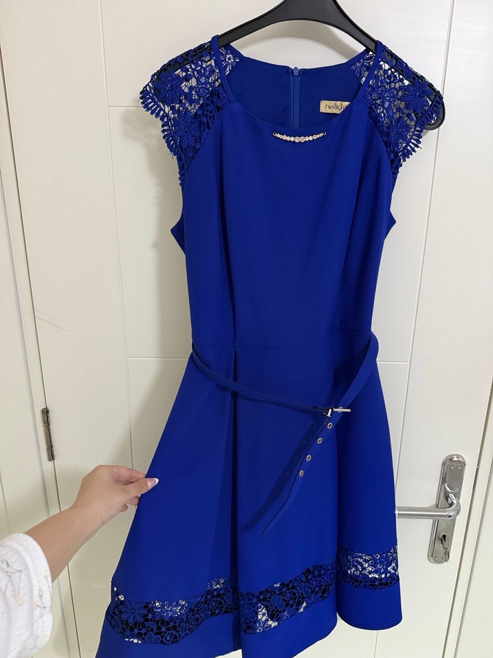 Beli Kemerli Mavi Midi Abiye Elbise - Görsel 2