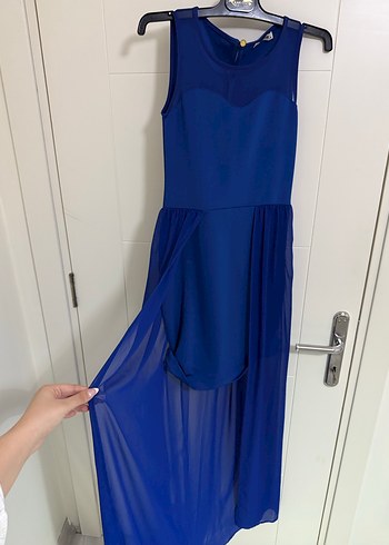 Uzun Lacivert Drapeli Kolsuz Kadın Elbise - Görsel 2