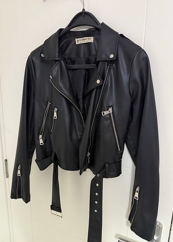Parlak Siyah Deri Biker Ceket - Görsel 2