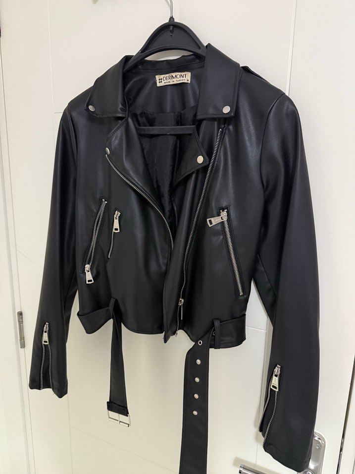Parlak Siyah Deri Biker Ceket - Görsel 2