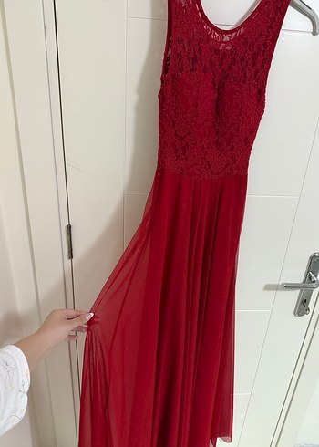 Kırmızı Dantelli Midi Abiye Elbise - Görsel 2