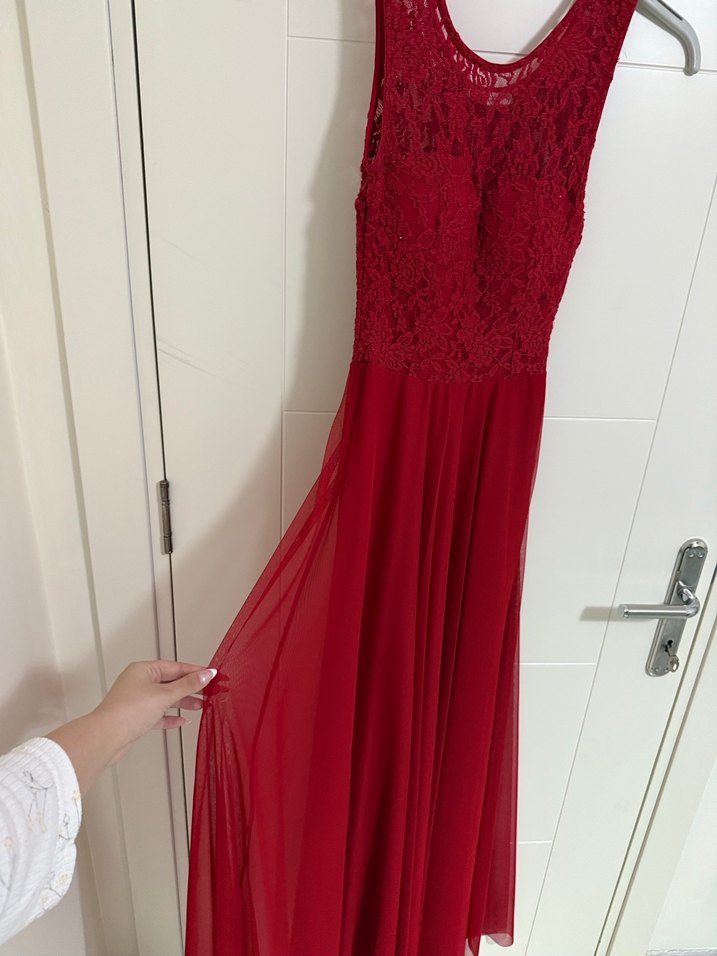 Kırmızı Dantelli Midi Abiye Elbise - Görsel 2