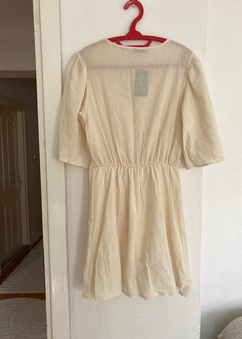 Bej V Yakalı Keten Midi Elbise - Görsel 4