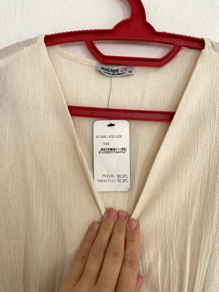 Bej V Yakalı Keten Midi Elbise - Görsel 3