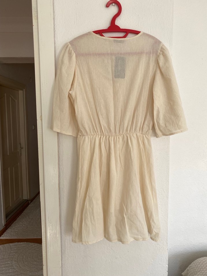 Bej V Yakalı Keten Midi Elbise - Görsel 4