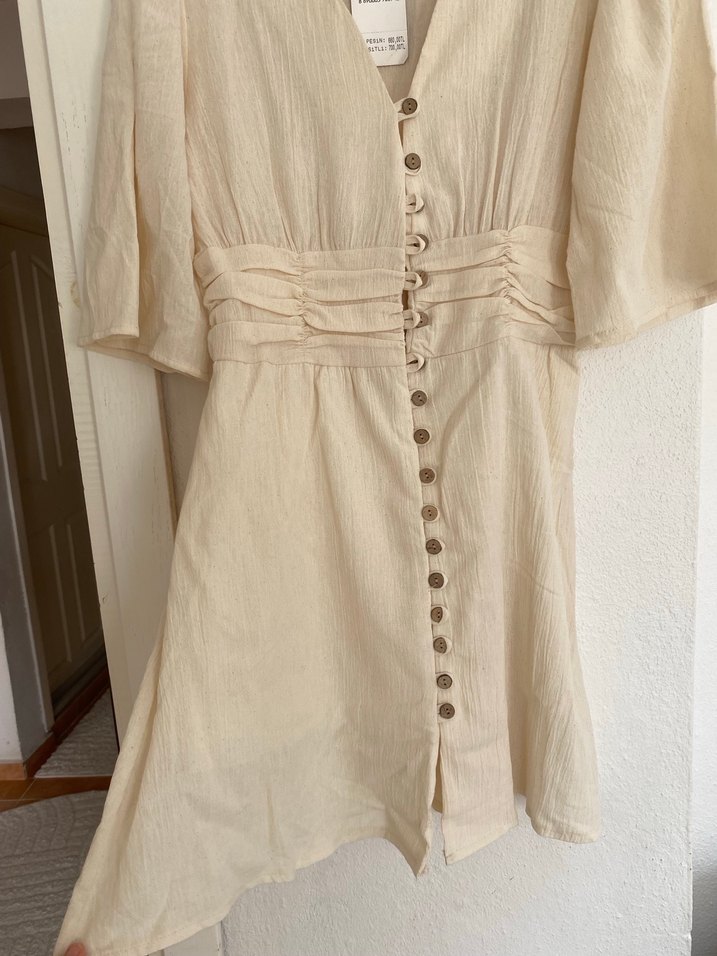 Bej V Yakalı Keten Midi Elbise - Görsel 2