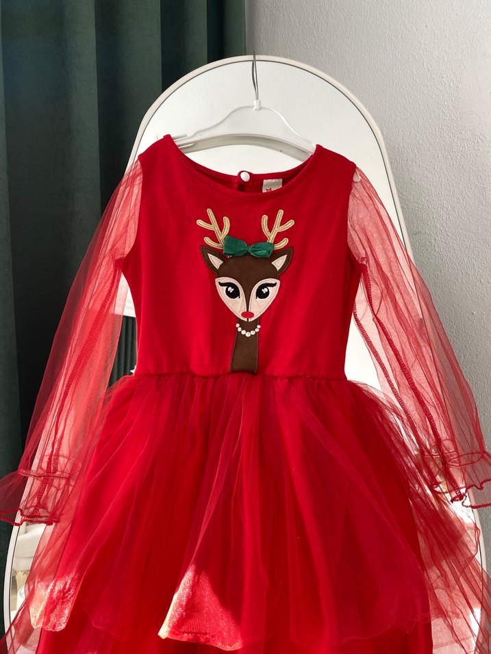 Kız Çocuk Kırmızı Fırfırlı Uzun Kollu Elbise - Görsel 2