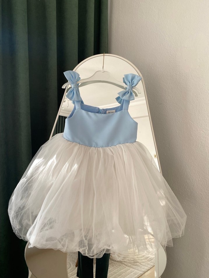 Kız Çocuk Mavi Fiyonklu Tüllü Elbise - Görsel 2